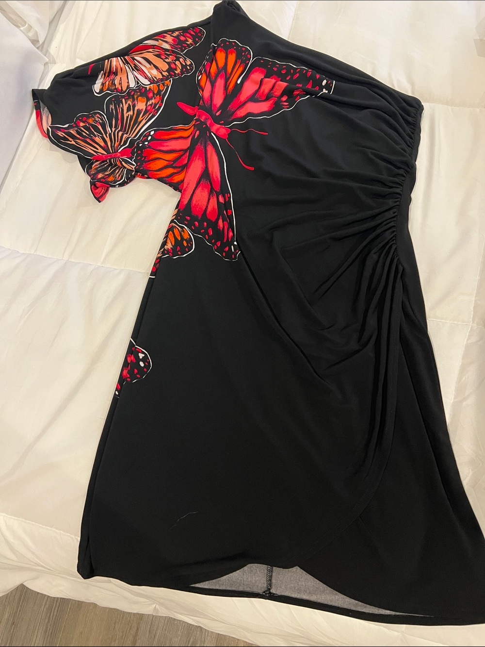 Bisou Bisou Black One-Shoulder Dress with Pink and Orange Butterfly Print